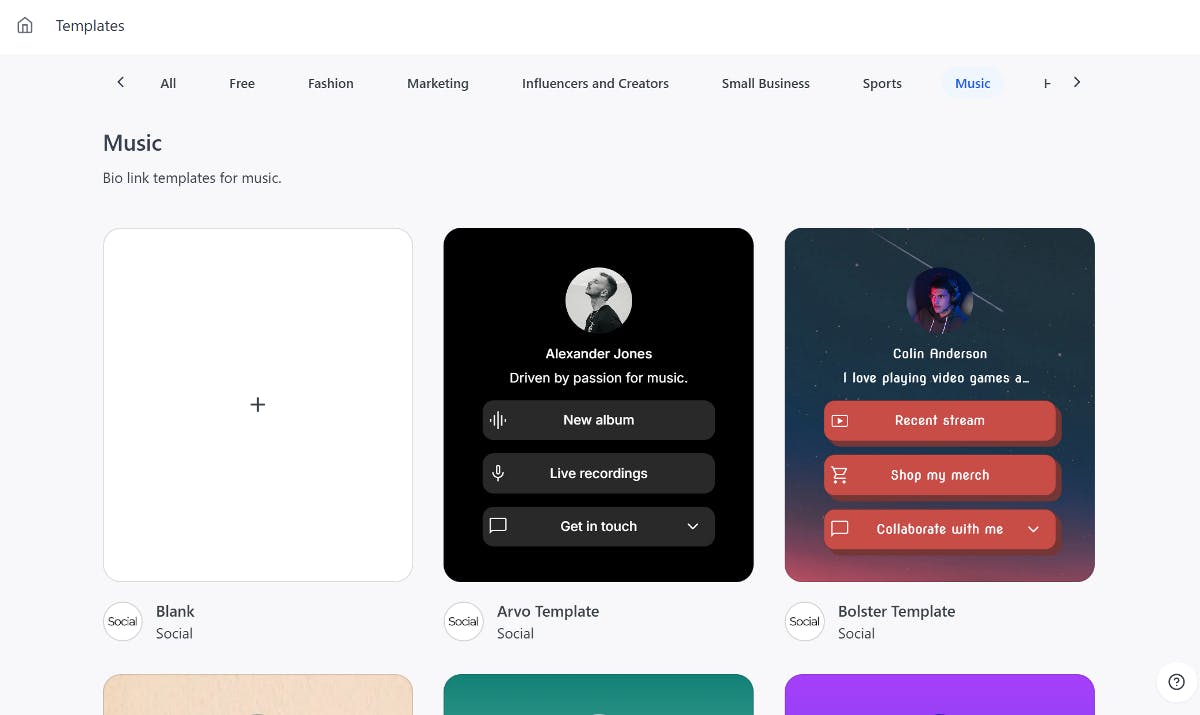 Select predesigned bio link template