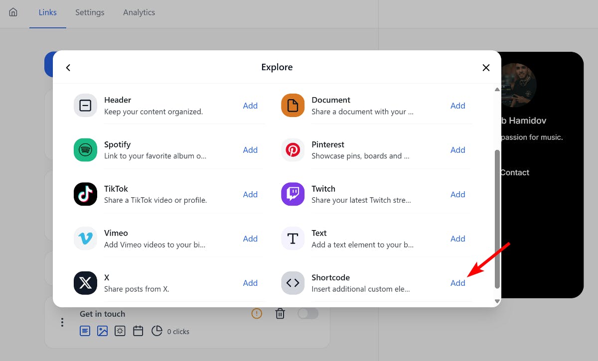 Add the shortcode block to the page