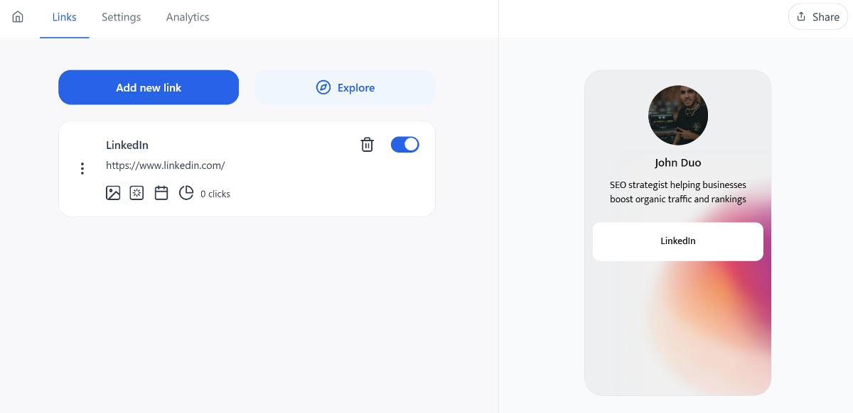Add simple button and enter your LinkedIn details