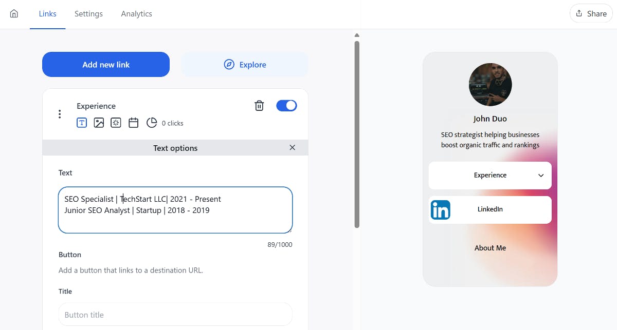 Add text block and add your experience details to bio page