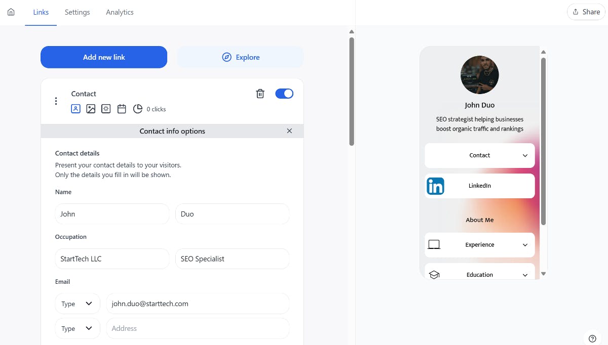 Add contact block to bio page