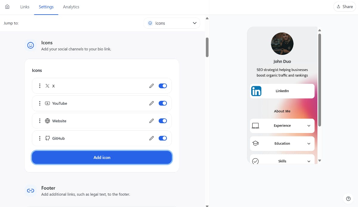 Add social icons to your bio page