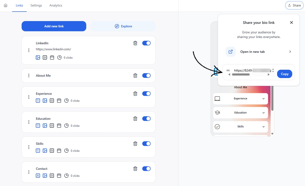 Copy your linkedin bio page URL