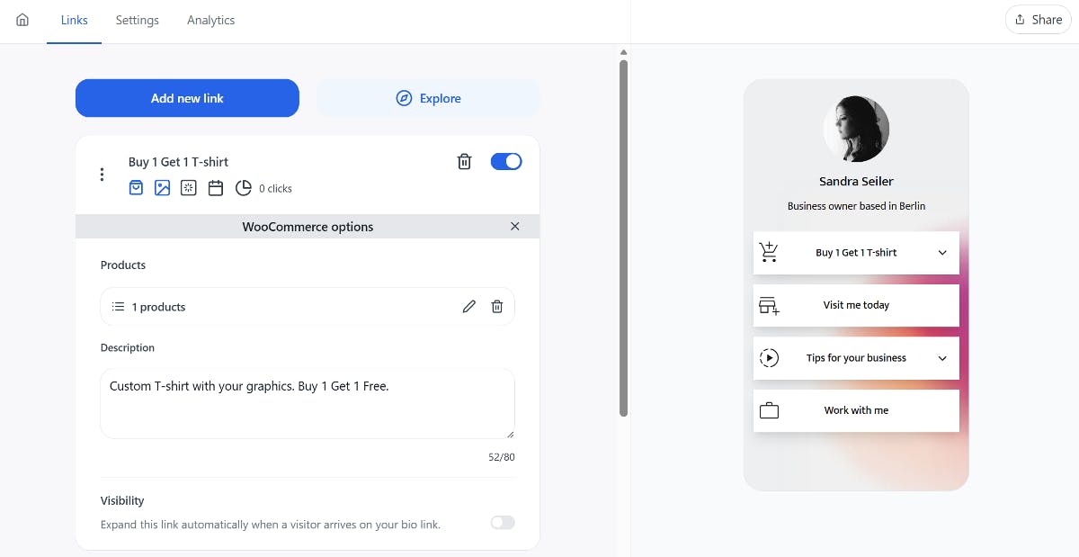 Add custom buttons to social link in bio