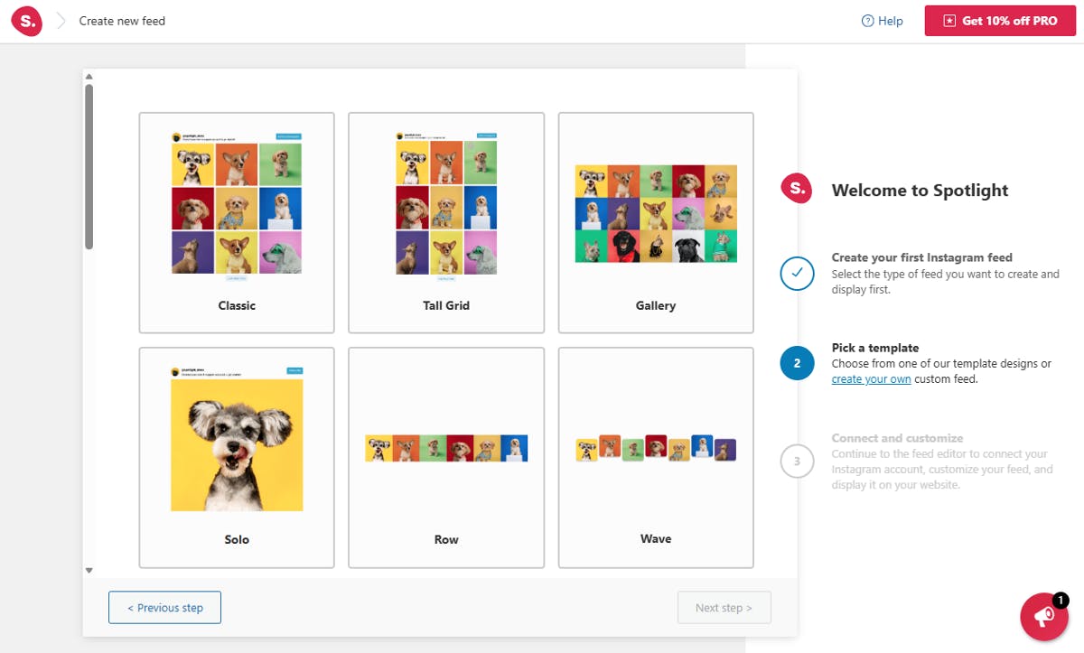 Spotlight setup wizard pick template