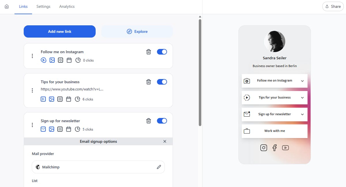 Social bio page with multiple buttons