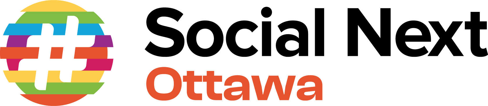 The image is a logo for "SocialNext: Ottawa." The logo features a stylized hashtag symbol made up of colorful, overlapping bands in purple, blue, green, yellow, orange, and red. To the right of the hashtag symbol, the text "SocialNext" is written in black, with the word "Ottawa" below it in bold, orange letters.