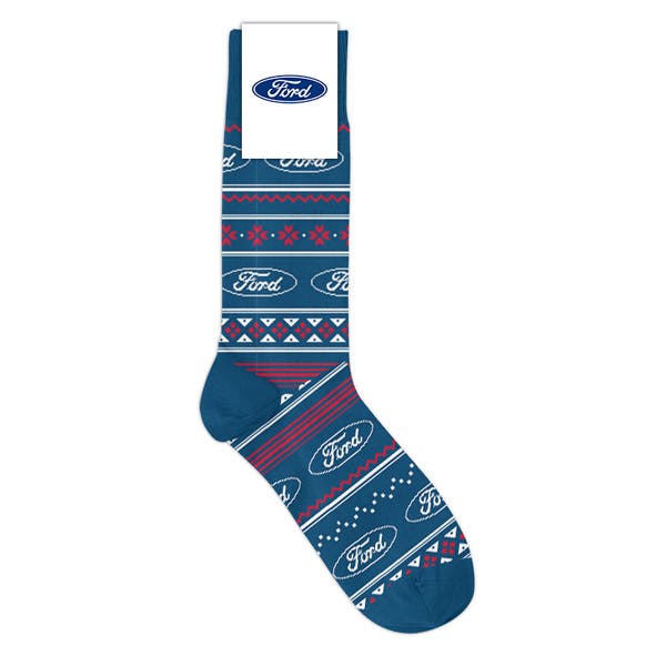 Blue Ford custom logo socks for the holidays