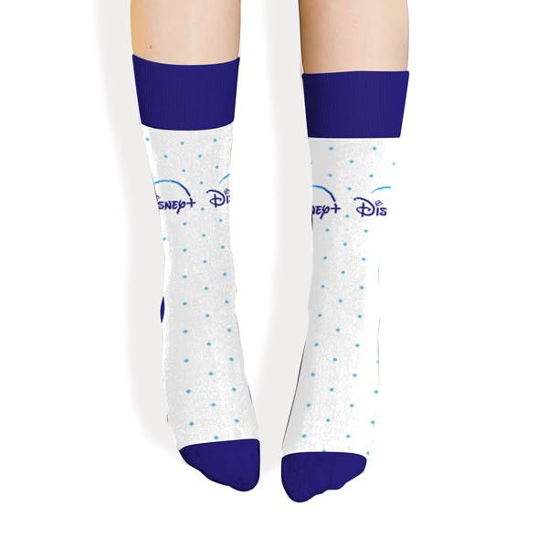 Front View of a branded sock for a Disney+ team employee appreciation gift