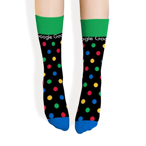 Front View of a black polka dot custom sock with logo for an internal event at Google