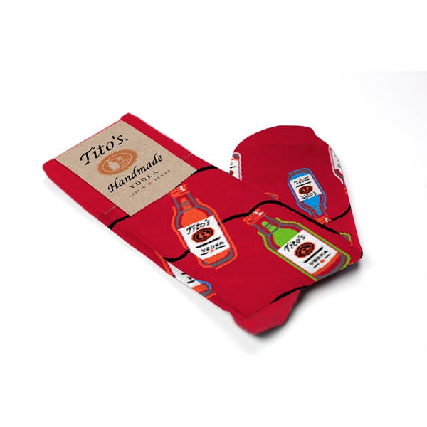 Folded view of custom socks for Tito's vodka branded merchandise store