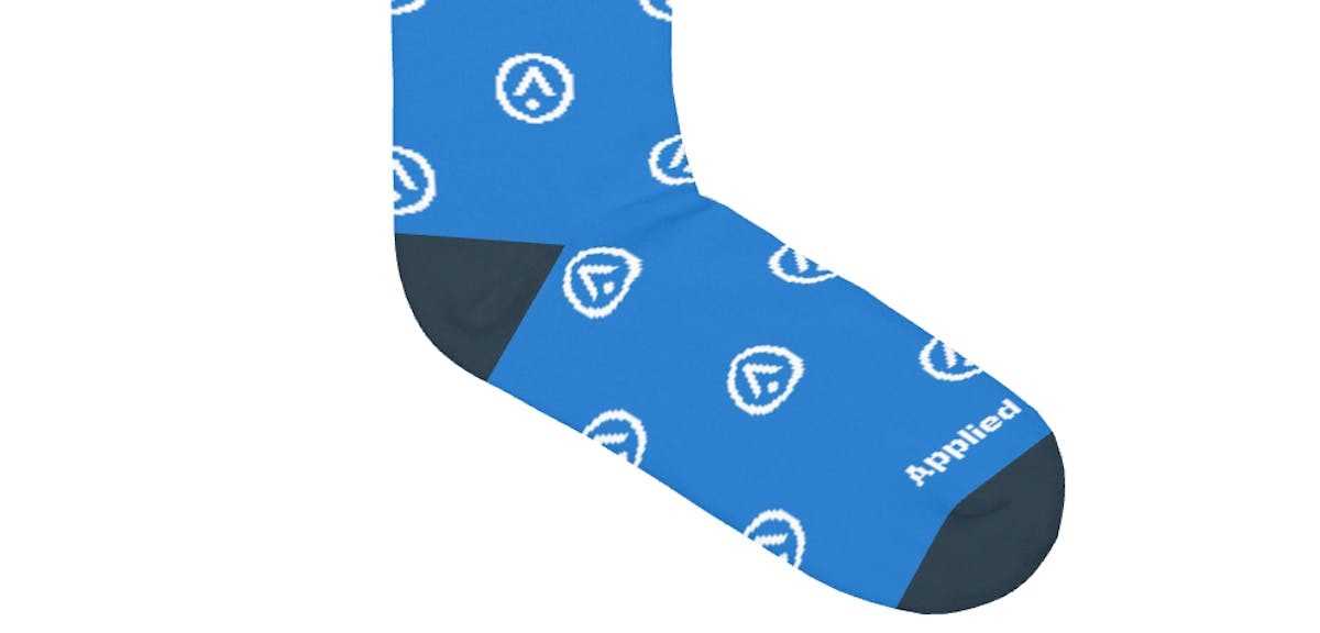 Applied Inutition blue custom sock with white repeating logo 