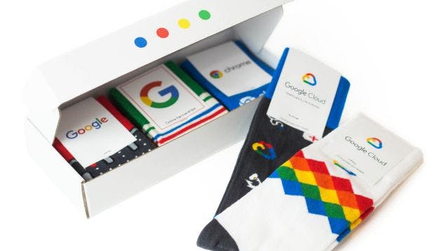 Custom socks for Google in a gift set with a custom printed gift box and custom packaging for the branded socks