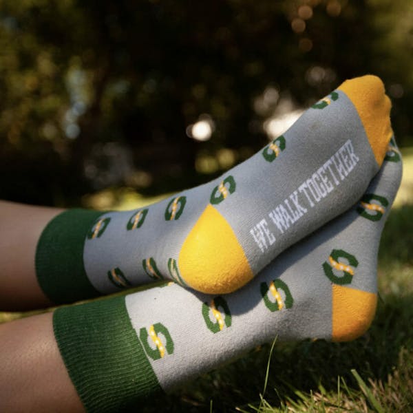 Ashby Creative Lab grey, green, and yellow socks for education client