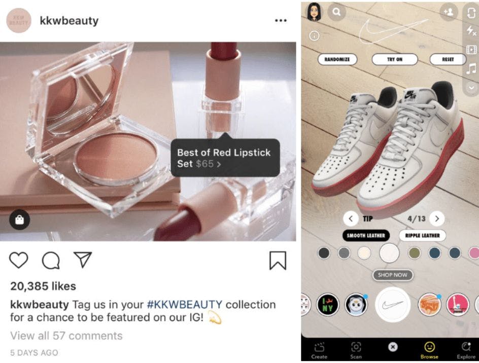 Screenshots of Instagram and Snapchat showing shoppable features