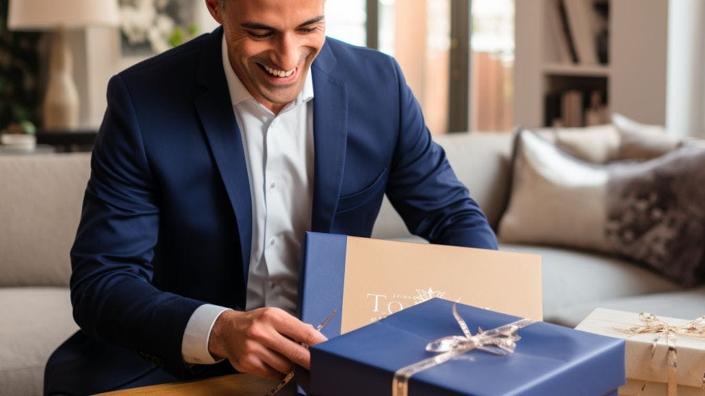 Company prospect opening a branded corporate gift in his home office