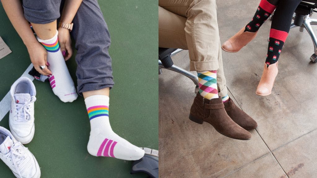 Woman putting on custom white sports socks with stripes on the left, and two people in an office wearing custom dress socks on the right