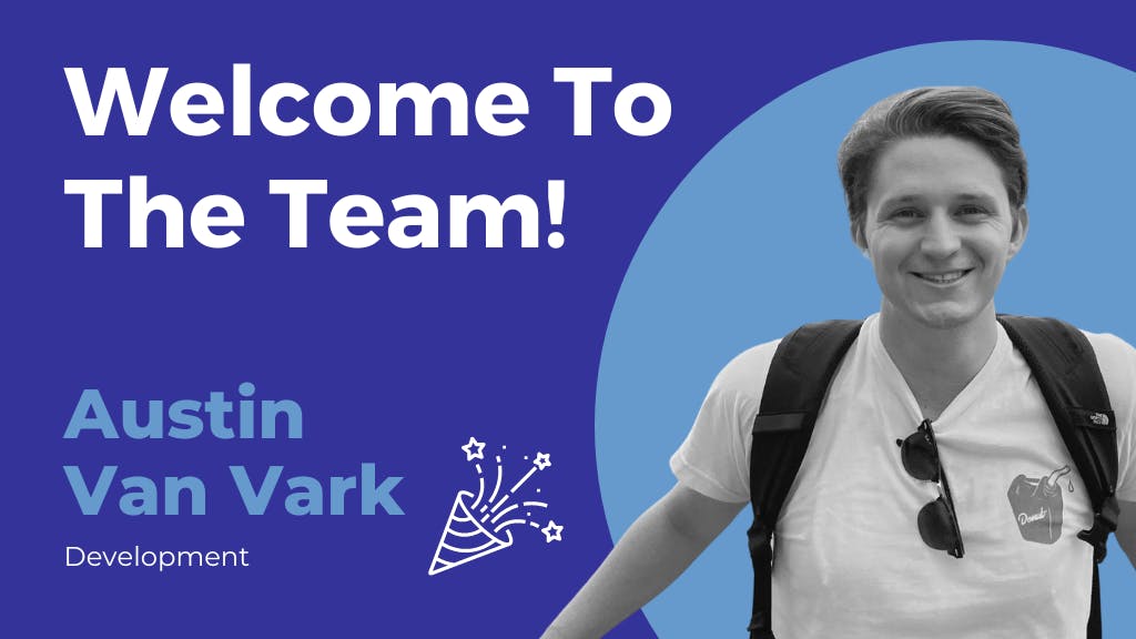 A blue banner that welcomes Austin Van Vark to Sock Club's Development team.