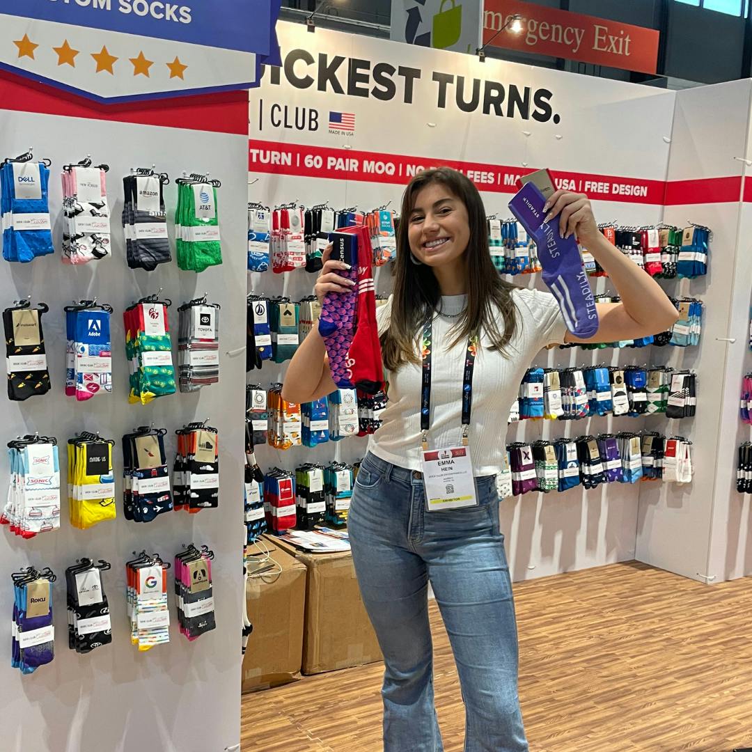 Emma Hein at Sock Club trade show booth ASI Chicago 2022