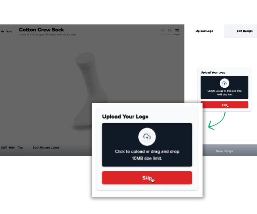 The upload your logo modal window that pops up when you use the Sock Club online custom sock designer