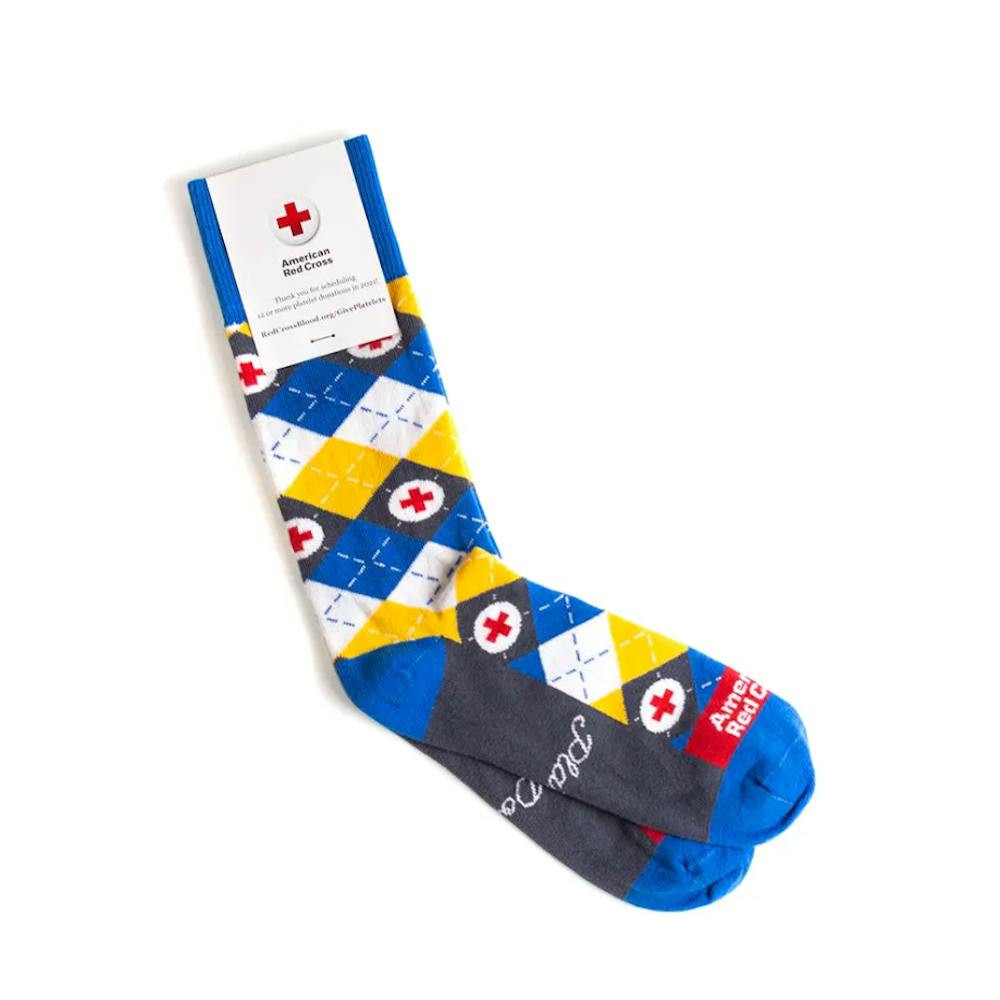 custom crew socks with logo of american red cross in blue and yellow argyle