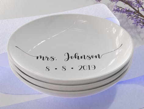White personalized ring dish with name and date