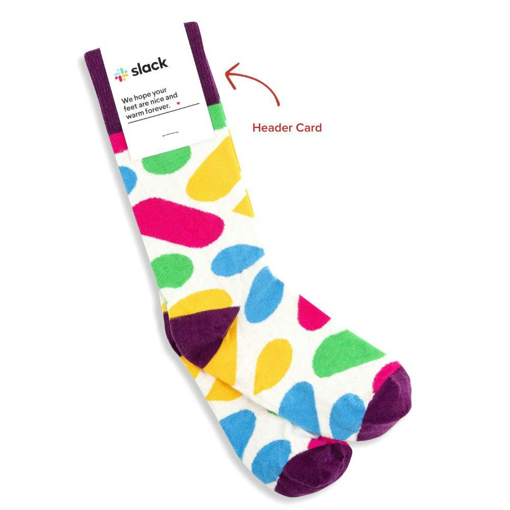Model wearing Custom cotton socks in crew length with logos for Slack