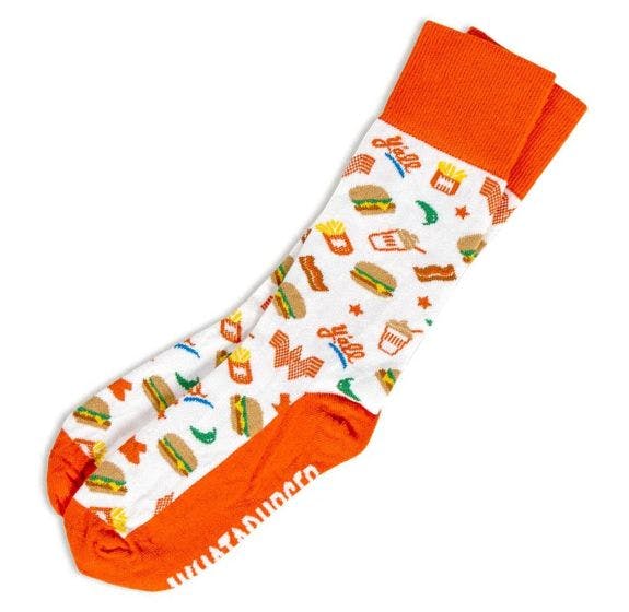 The Texas-themed custom socks that Sock Club designed for restaurant merch on the Whataburger retail merch store.