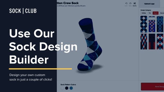 Intro card to video showing Sock Club's online sock design customizer