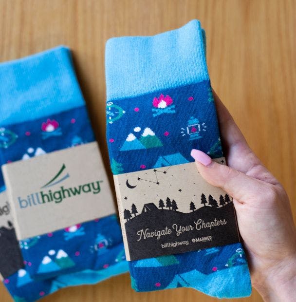 Custom Middle Wrap on a pair of blue patterned custom socks for billhighway