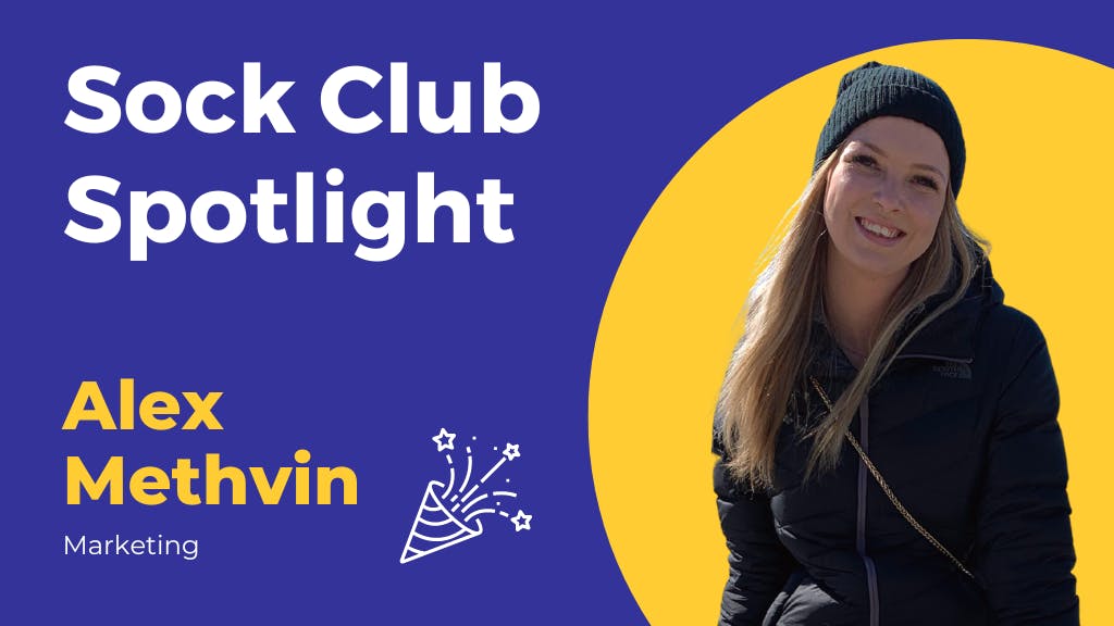Graphic featuring Sock Club employee, Alex Methvin.