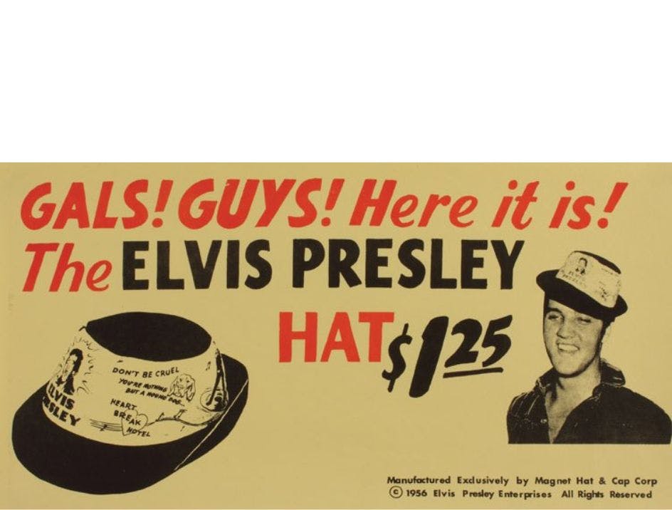 Vintage advertisement for one of the original band merch items, The Elvis Presley Hat.