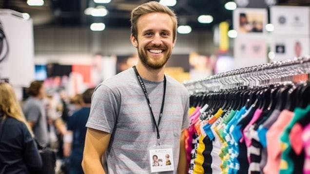 Experience events manager handing out custom socks as swag at a trade show event