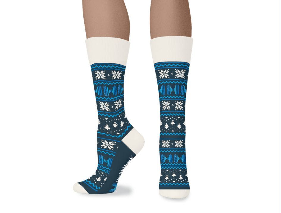 Blue and white ugly sweater design for custom socks for company corporate gifts