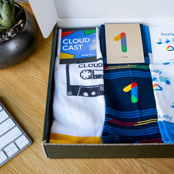 Google-branded logo socks in a box for new hire gift 