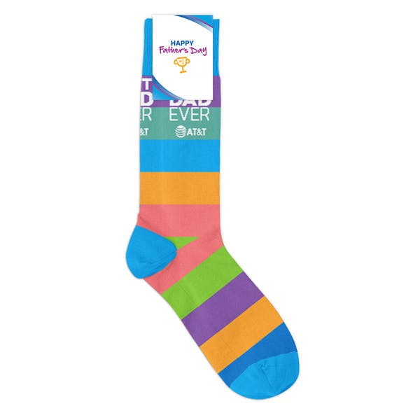 Flat View of a striped custom sock for AT&T's Father's Day celebration for their employee wellness program