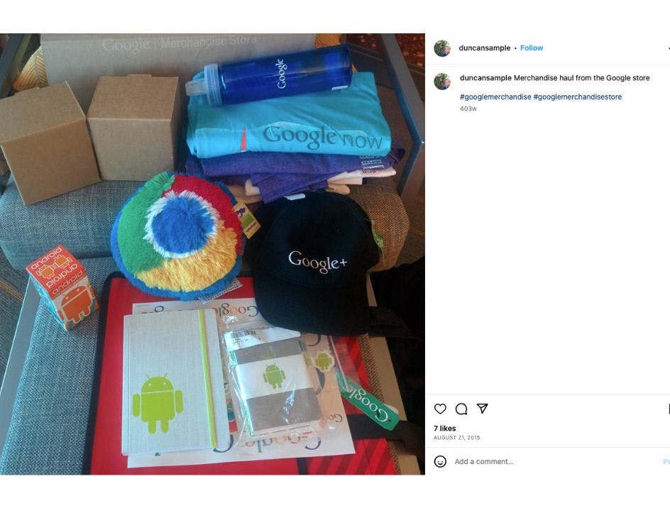 Social media post from a devoted fan after receiving corporate merchandise from the Google online merch store