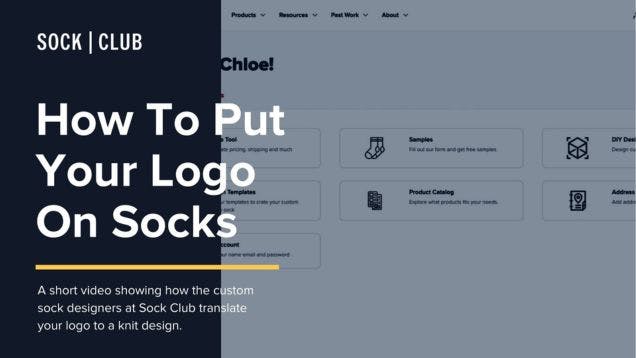Title card of a video showing a sock designer creating a logo in stitches for it to knit on a custom sock