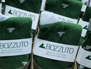 Branded socks for construction company Bozzuto that they bought for branded wholesale merchandise