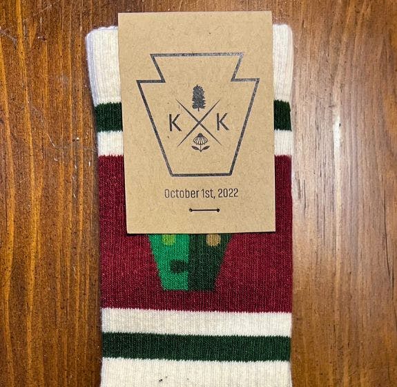 Personalized Wedding Socks for Kellen and Kevin showing the wedding date printed on the packaging and a custom design