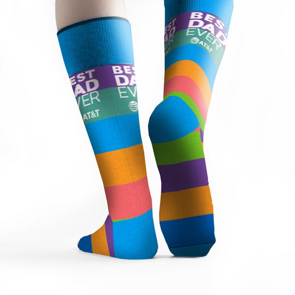 Back View of a striped custom sock for AT&T's Father's Day celebration for their employee wellness program