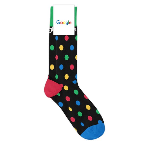 Flat View of a black polka dot custom sock with logo for an internal event at Google