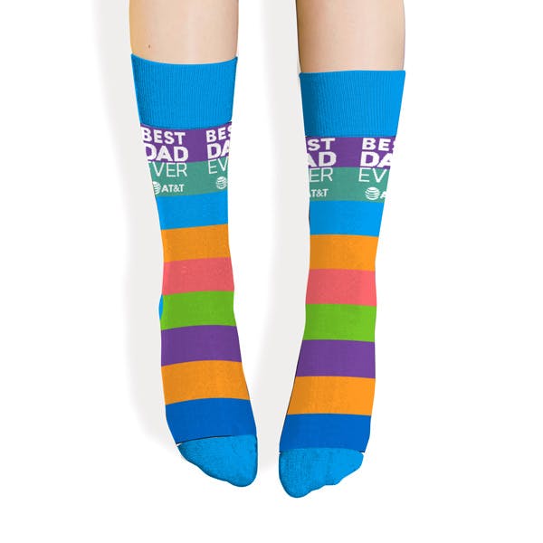 Front View of a striped custom sock for AT&T's Father's Day celebration for their employee wellness program