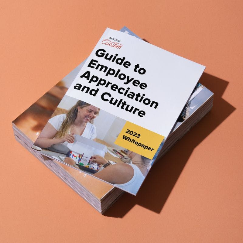Sock Club's Guide to Employee Appreciation and Culture Whitepaper Download on a peach background