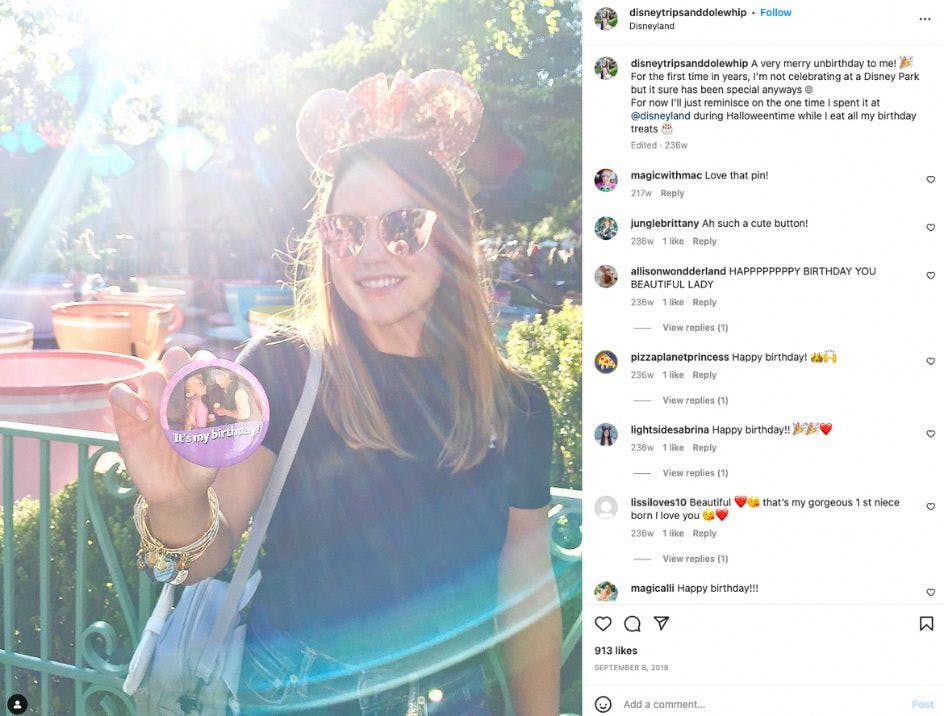 Kristen Jimenez's Disney Influencer Instagram post showing her spending her birthday at a Disney park