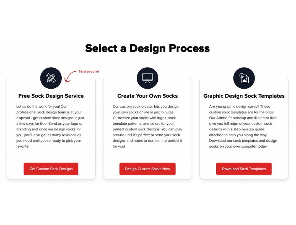 Sock Club's three main design processes for designing your own custom socks online, including free design support, a downloadable template, and an online sock design builder
