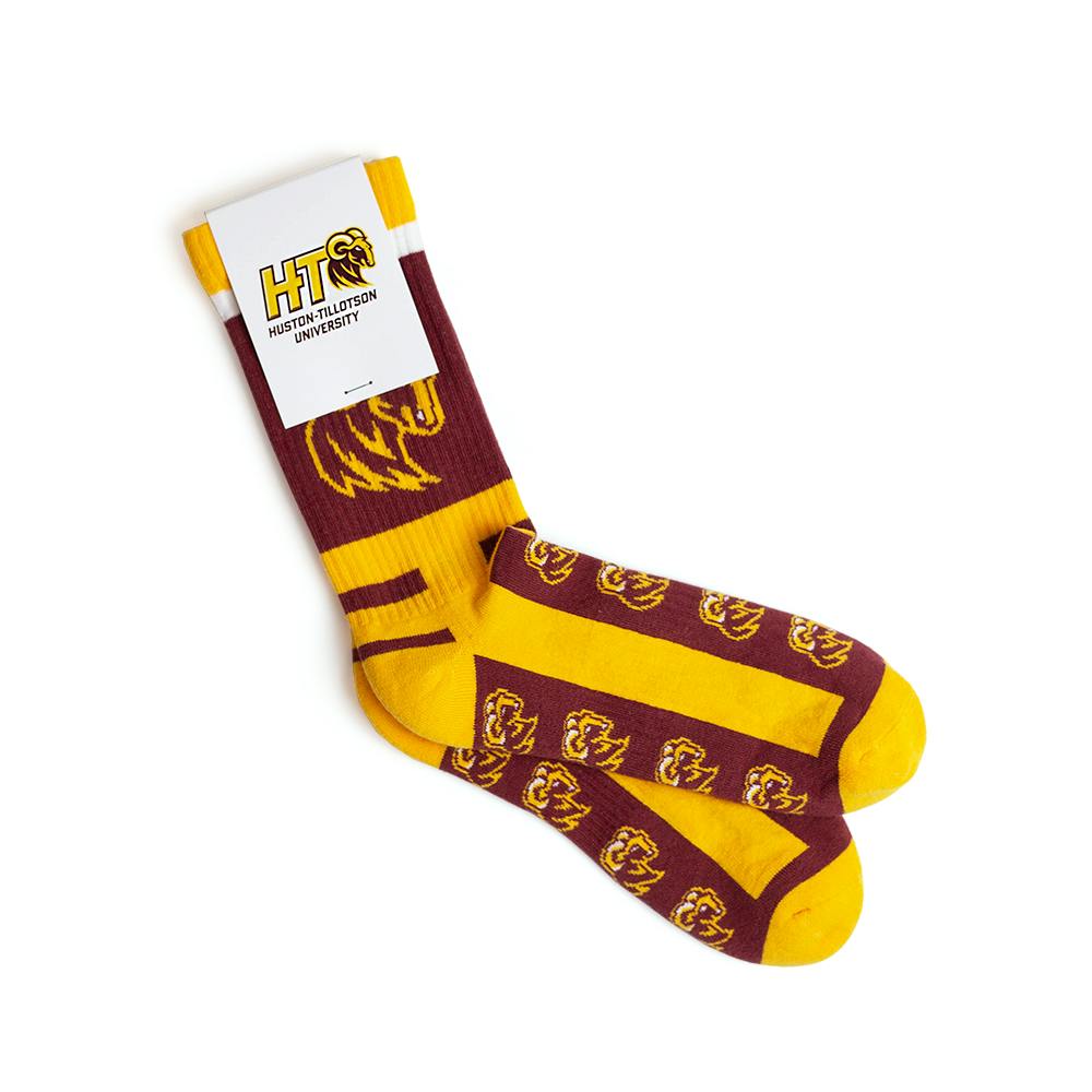custom athletic socks in crew length in marron and yellow