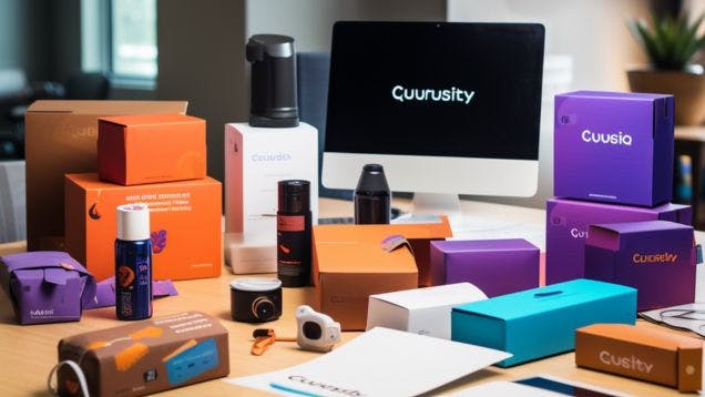 A variety of branded corporate gifts on a desk in a corporate office