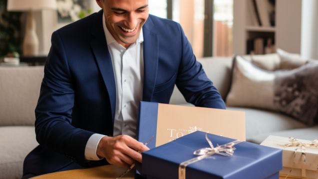 Company prospect opening a branded corporate gift in his home office