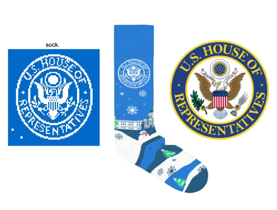 Curved text in a logo on a branded sock for the US House of Representatives
